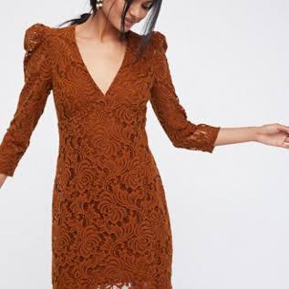Free People Dresses & Skirts - Free People Dana Bodycon Deep-V Lined BRONZE Lace Dress~Measurements listed